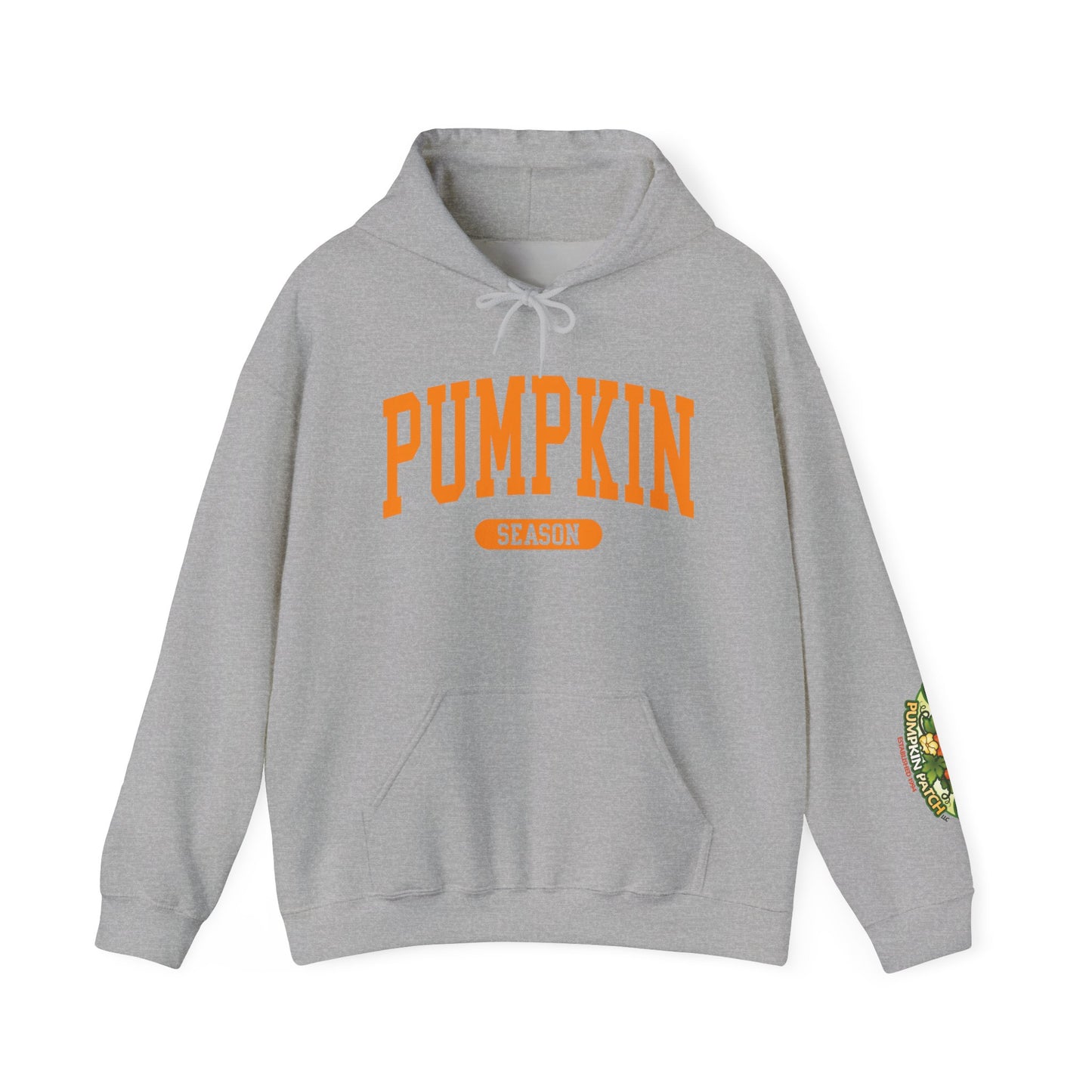 Pumpkin Season Gildan Hoodie | Jumbo’s Pumpkin Patch Logo Sleeve