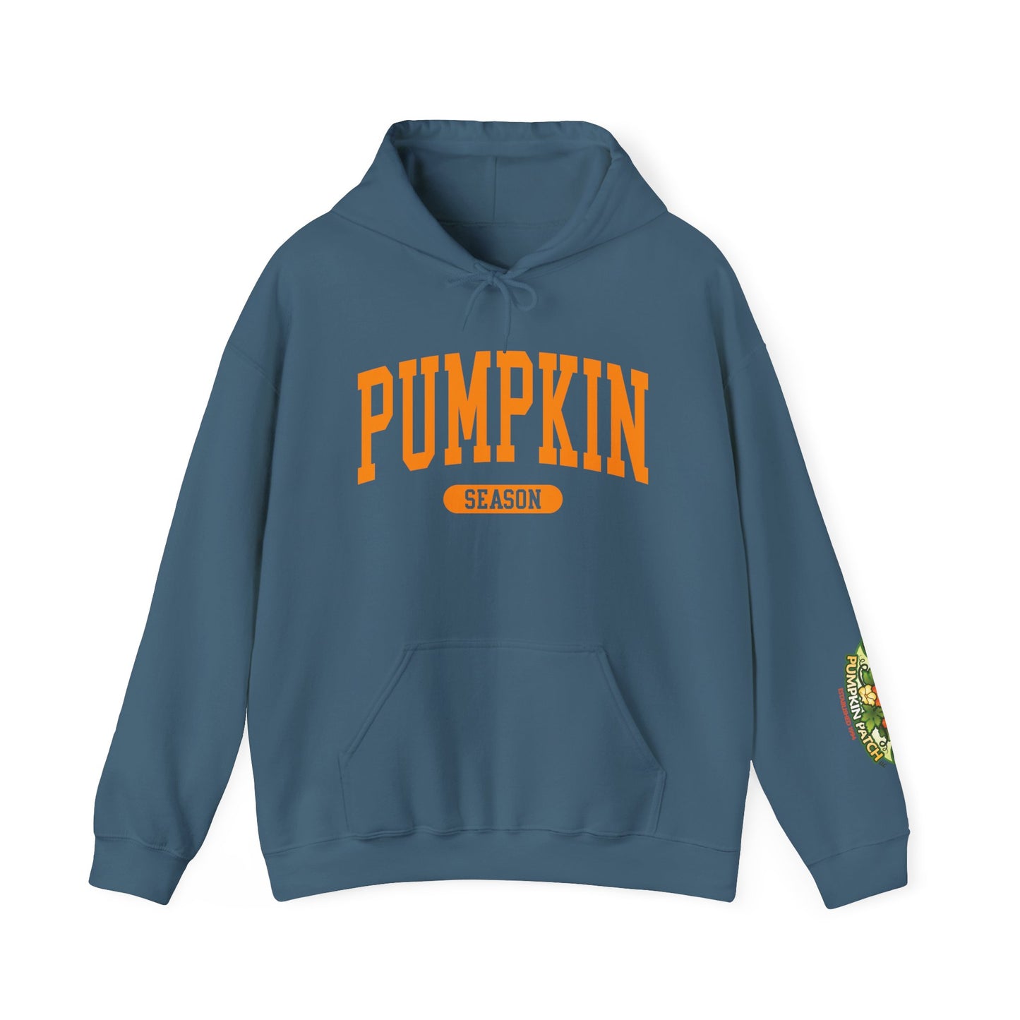 Pumpkin Season Gildan Hoodie | Jumbo’s Pumpkin Patch Logo Sleeve