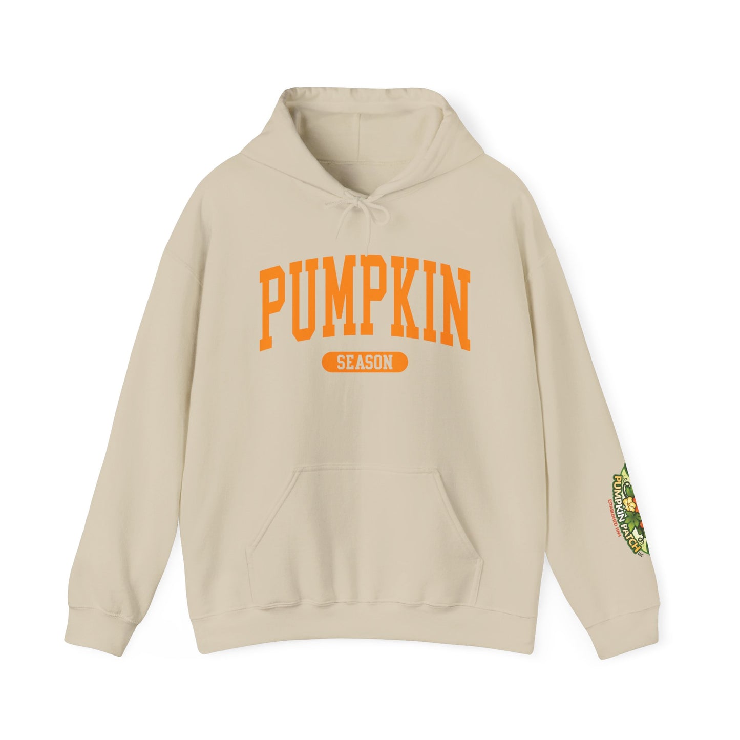 Pumpkin Season Gildan Hoodie | Jumbo’s Pumpkin Patch Logo Sleeve