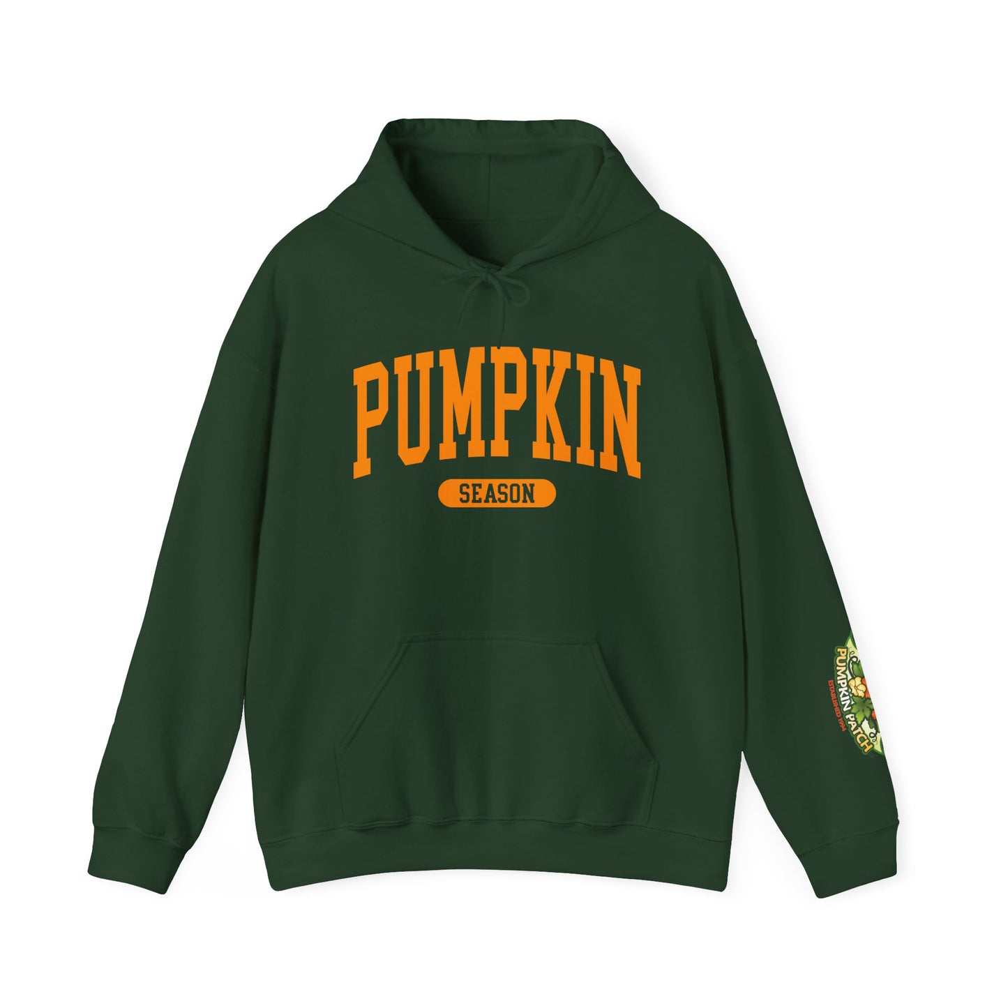 Pumpkin Season Gildan Hoodie | Jumbo’s Pumpkin Patch Logo Sleeve