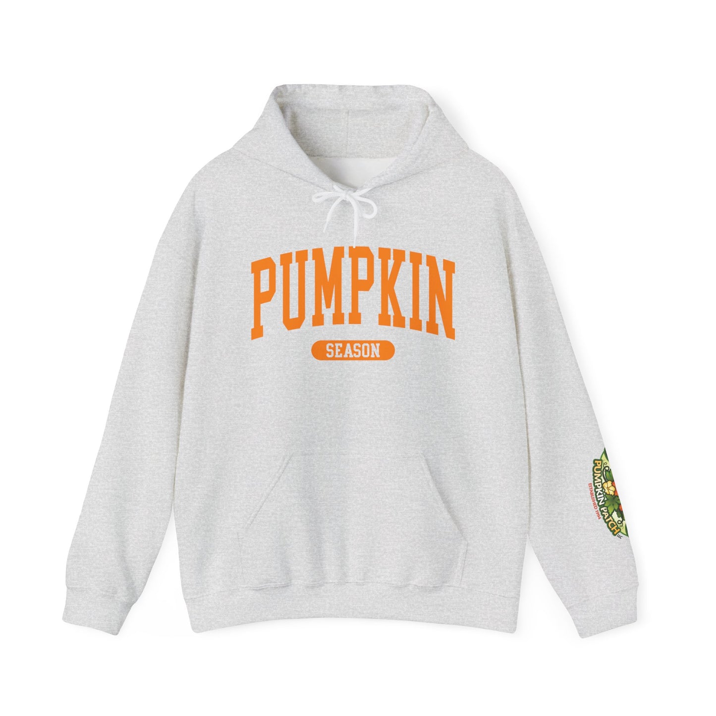 Pumpkin Season Gildan Hoodie | Jumbo’s Pumpkin Patch Logo Sleeve