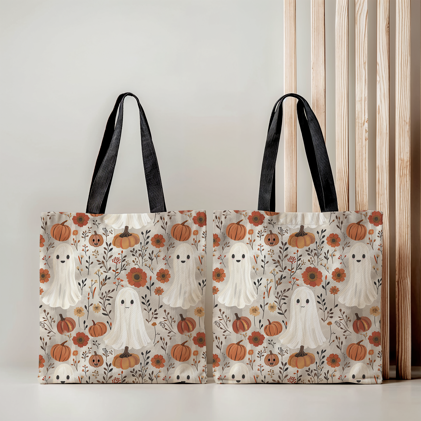 Spooky Cute Halloween Tote Bag – Ghost & Pumpkin All-Over Print