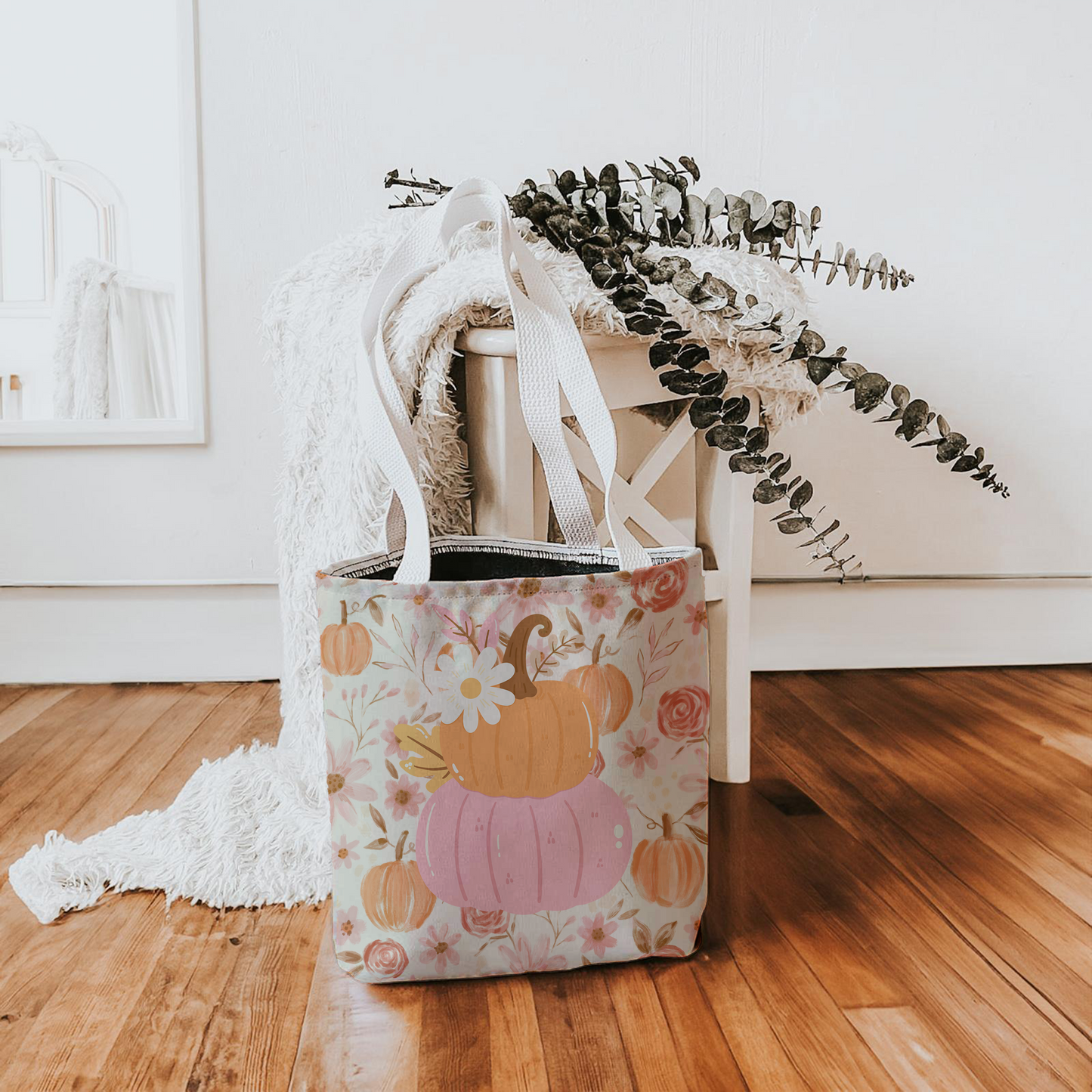 Pumpkin Floral Tote Bag | Fall Market Bag | Rustic Autumn Reusable Tote