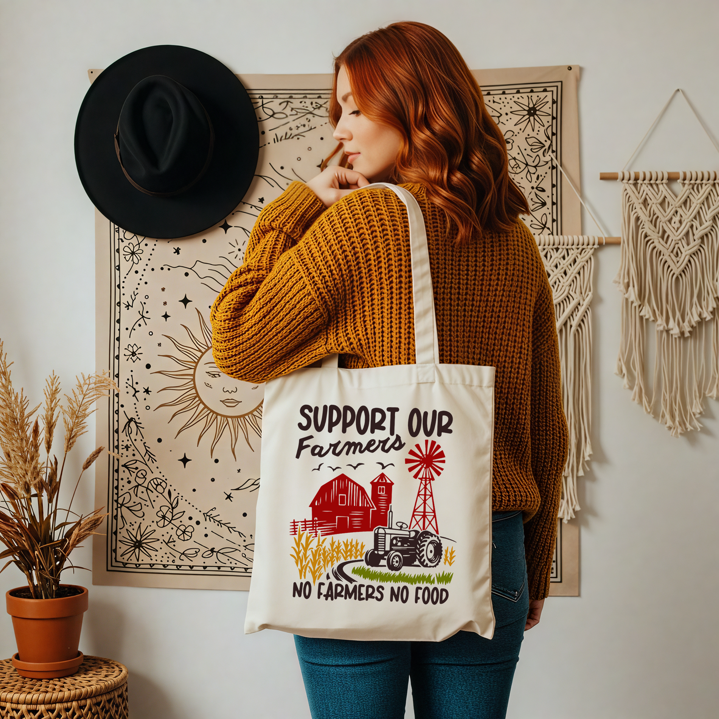 Support Our Farmers Tote Bag — "No Farmers No Food" Canvas Grocery Tote