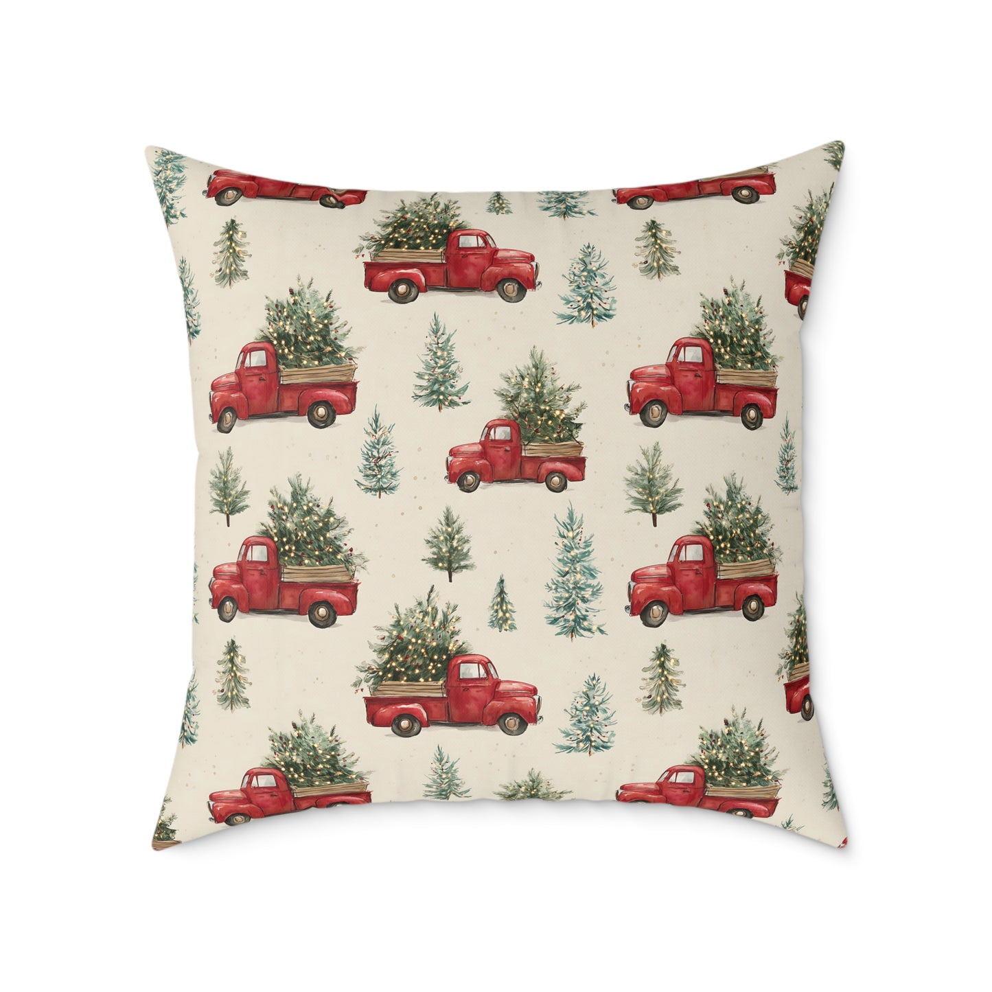 Rustic Holiday Throw Pillow - Red Truck & Christmas Trees Decor for Cozy Living Room, Farmhouse Style, Holiday Gift, Seasonal Home Decor
