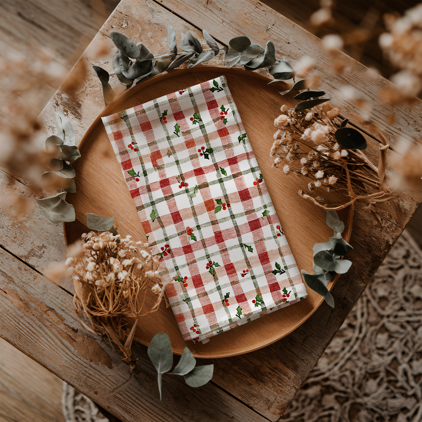 Plaid Holly Christmas Tea Towel | Festive Farmhouse Style