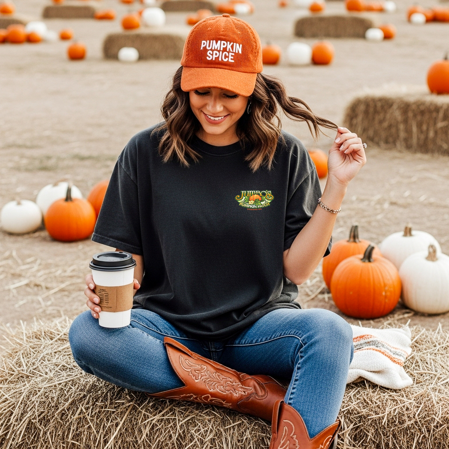 Woman sitting on hay bales at a pumpkin patch, wearing a 'Pumpkin Spice' cap and holding a coffee cup.