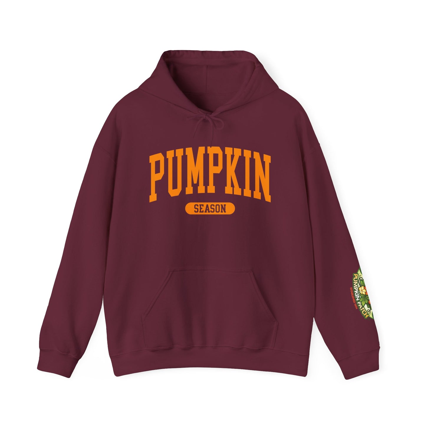 Pumpkin Season Gildan Hoodie | Jumbo’s Pumpkin Patch Logo Sleeve