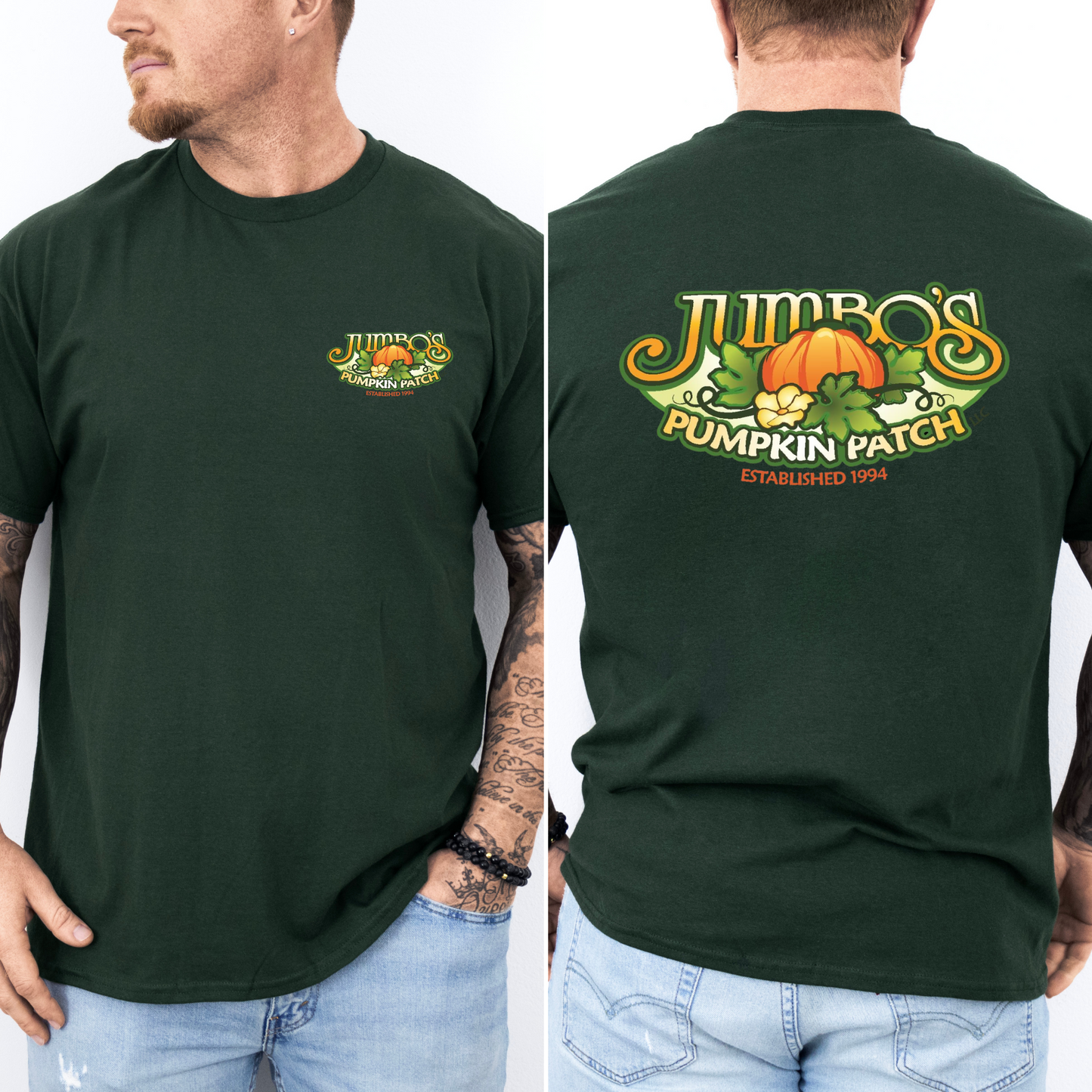 Green t-shirt with 'Jumbo's Pumpkin Patch' logo on front and back, worn by a person.