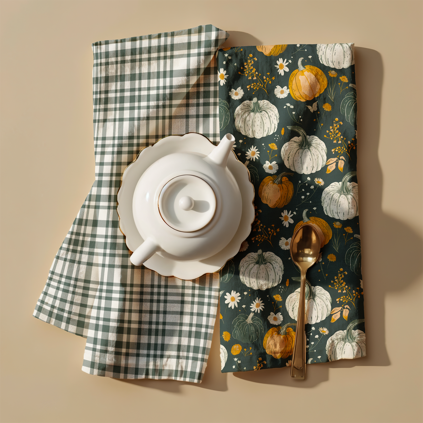 Autumn Pumpkins Plaid Cotton Tea Towel