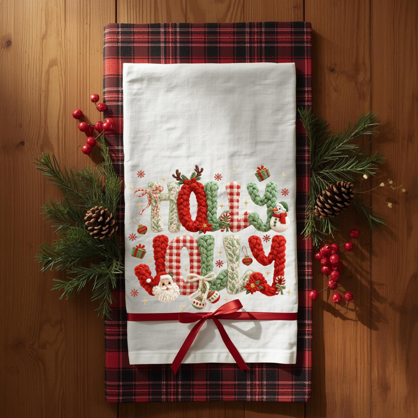 Festive Holiday Tea Towel – “Holly Jolly”
