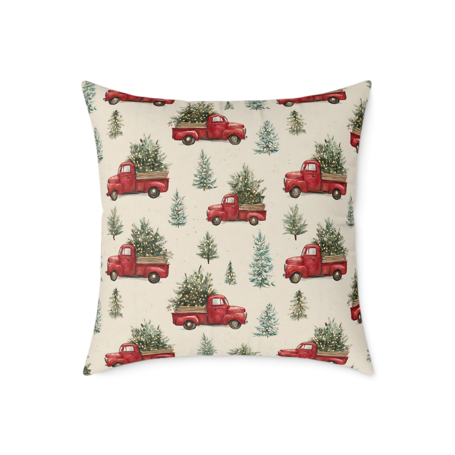 Rustic Holiday Throw Pillow - Red Truck & Christmas Trees Decor for Cozy Living Room, Farmhouse Style, Holiday Gift, Seasonal Home Decor