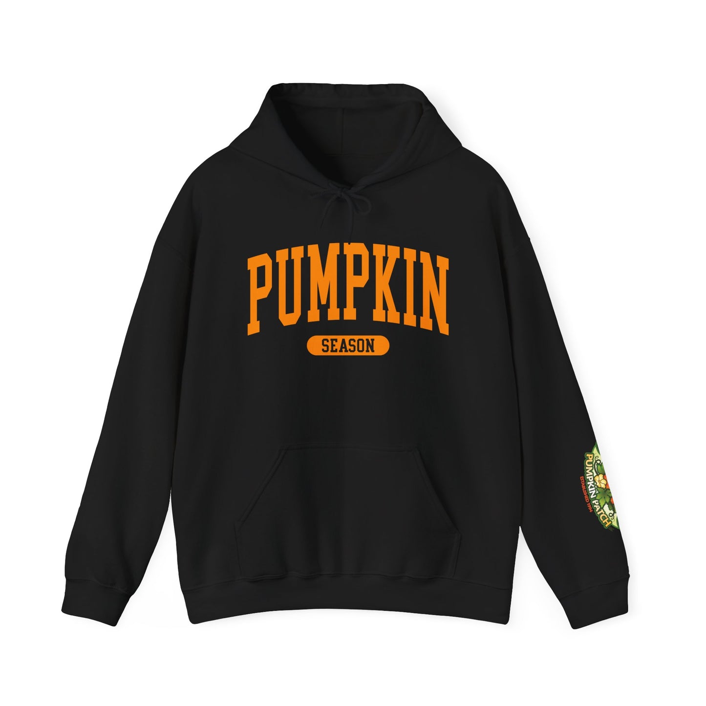 Pumpkin Season Gildan Hoodie | Jumbo’s Pumpkin Patch Logo Sleeve