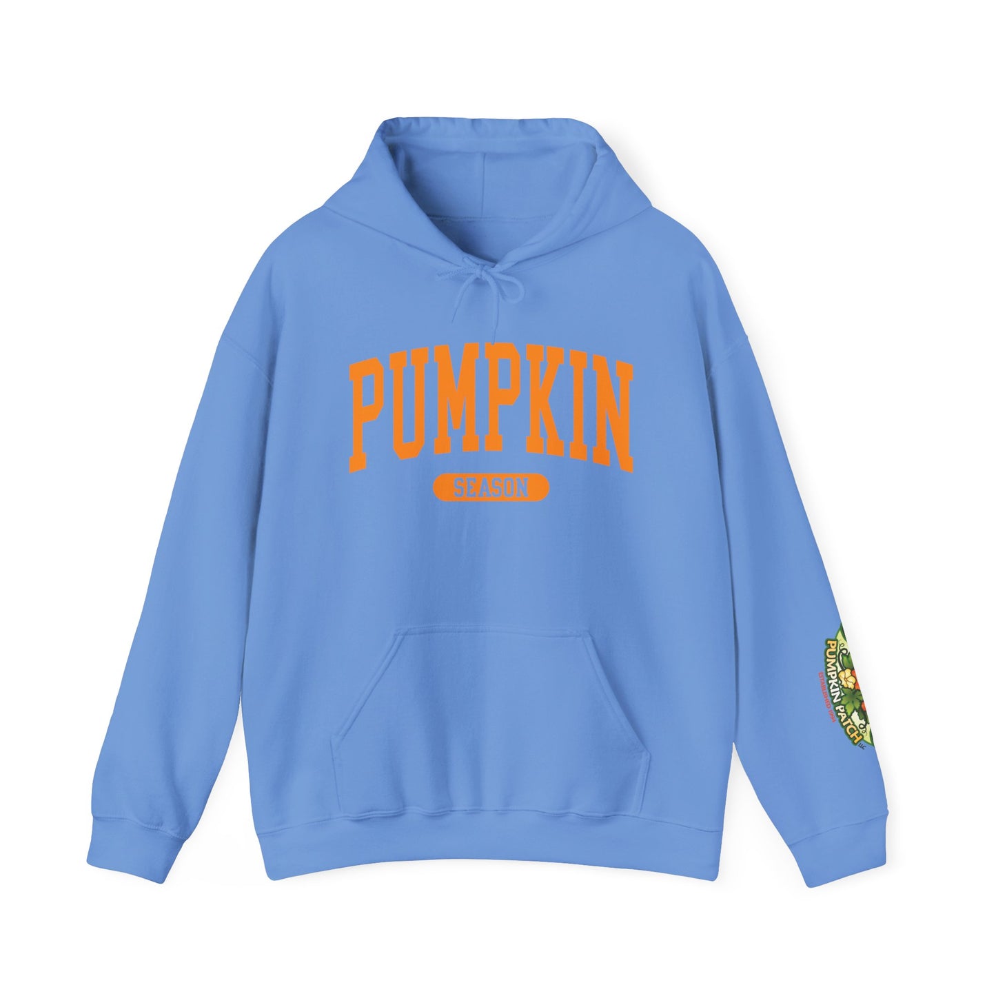 Pumpkin Season Gildan Hoodie | Jumbo’s Pumpkin Patch Logo Sleeve