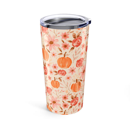 Fall Floral Tumbler 20oz | Pumpkin Decor Travel Mug | Autumn Drinkware Gift | Cute Floral Pattern | Thanksgiving, Halloween, Pumpkin Spice