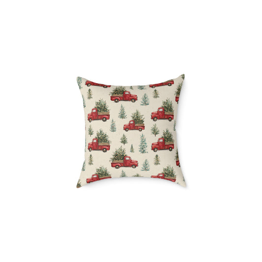 Rustic Holiday Throw Pillow - Red Truck & Christmas Trees Decor for Cozy Living Room, Farmhouse Style, Holiday Gift, Seasonal Home Decor