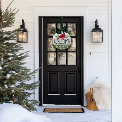 Front door with a 'Welcome' sign, Christmas tree, and lanterns on a snowy porch.