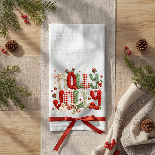 Decorative towel with 'Holly Jolly' text on a wooden surface with Christmas decorations.