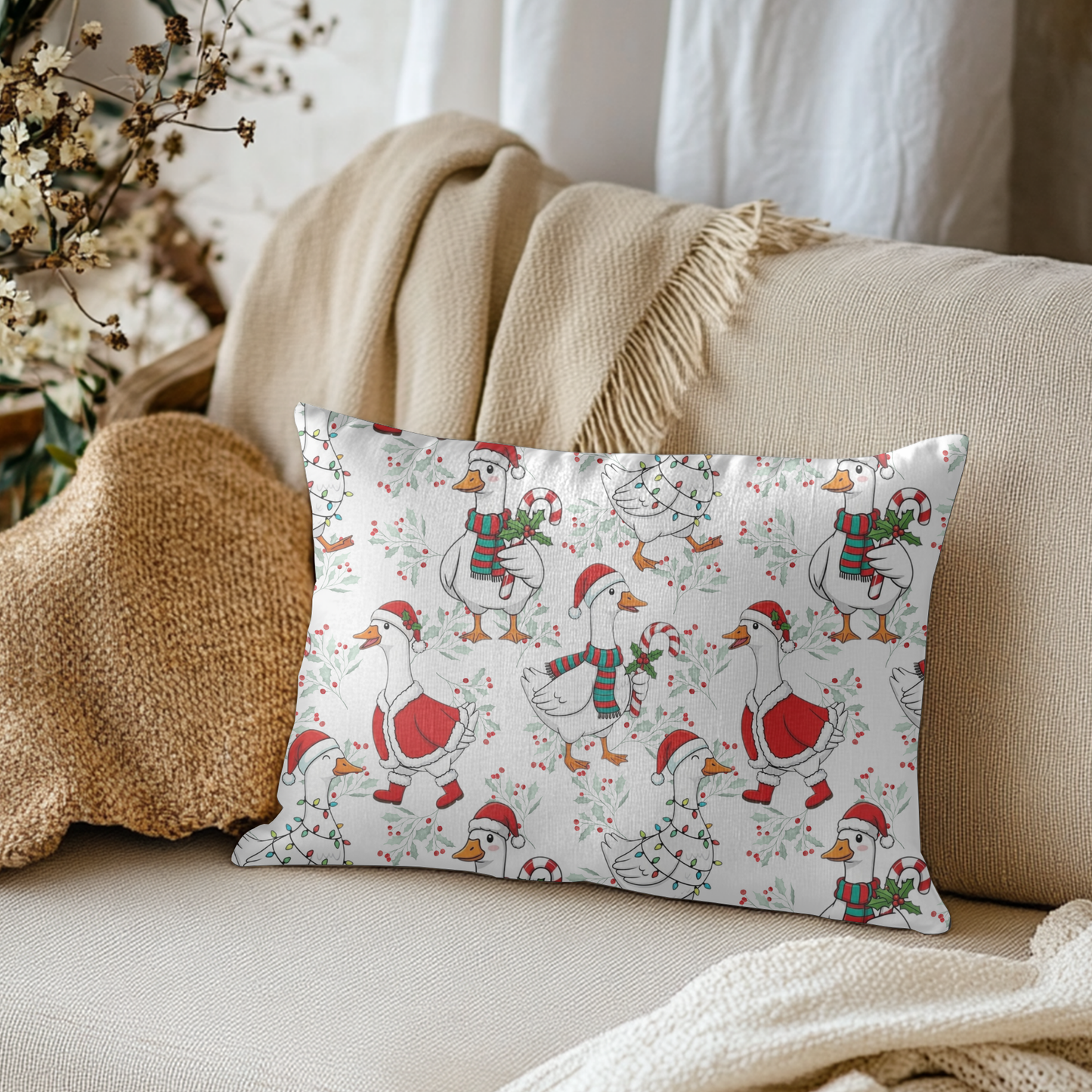 Festive Goose Holiday Lumbar Pillow – Farmhouse Christmas Accent Cushion