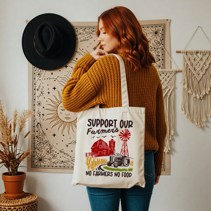 Support Our Farmers Tote Bag — "No Farmers No Food" Canvas Grocery Tote