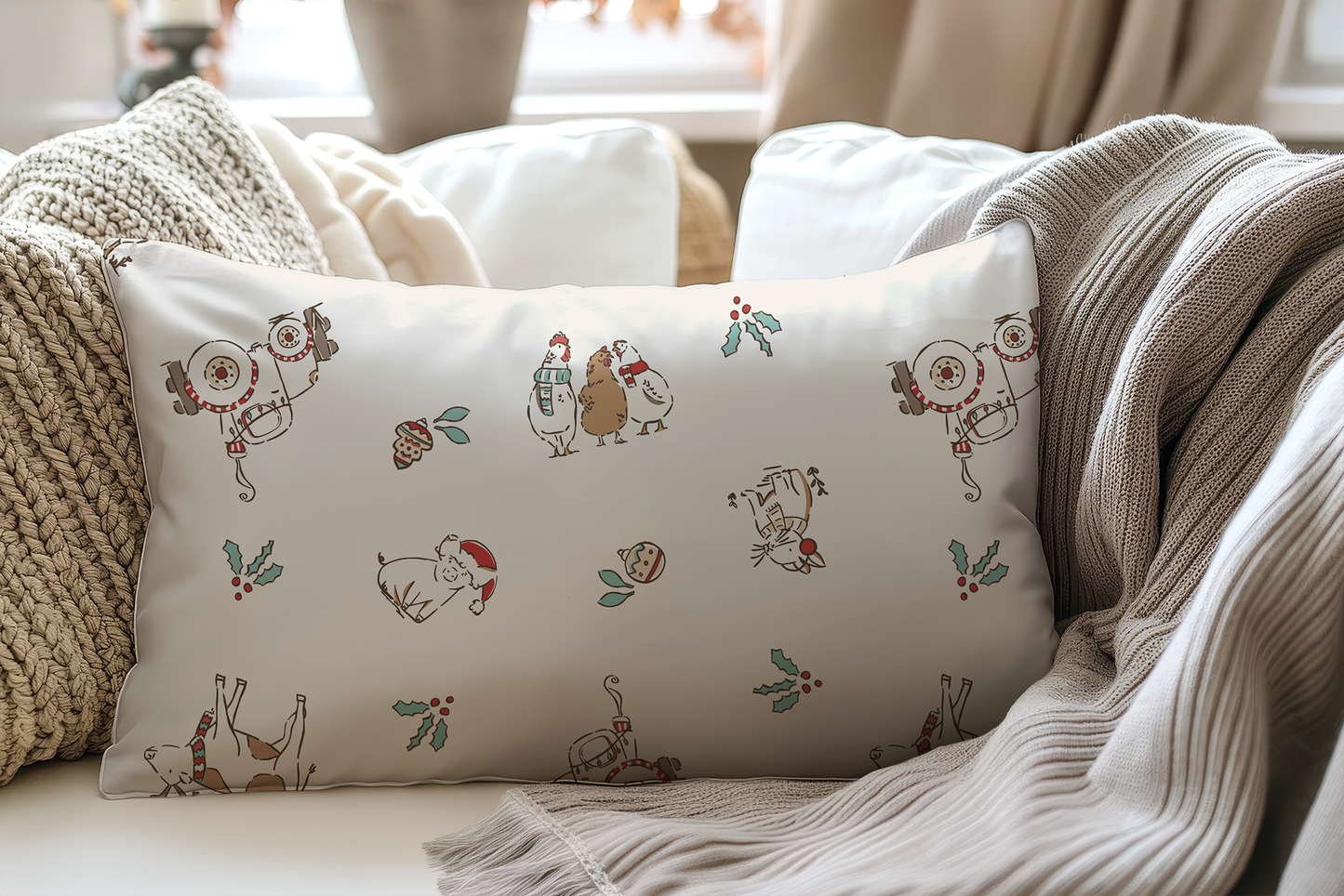 🎄 Christmas on the Farm Lumbar Pillow – Festive Holiday Cushion for Nursery or Home