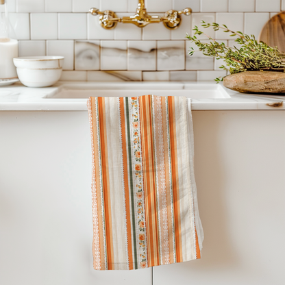 Fall Cotton Tea Towel | Farmhouse Kitchen Décor | Rustic Autumn Striped Towel