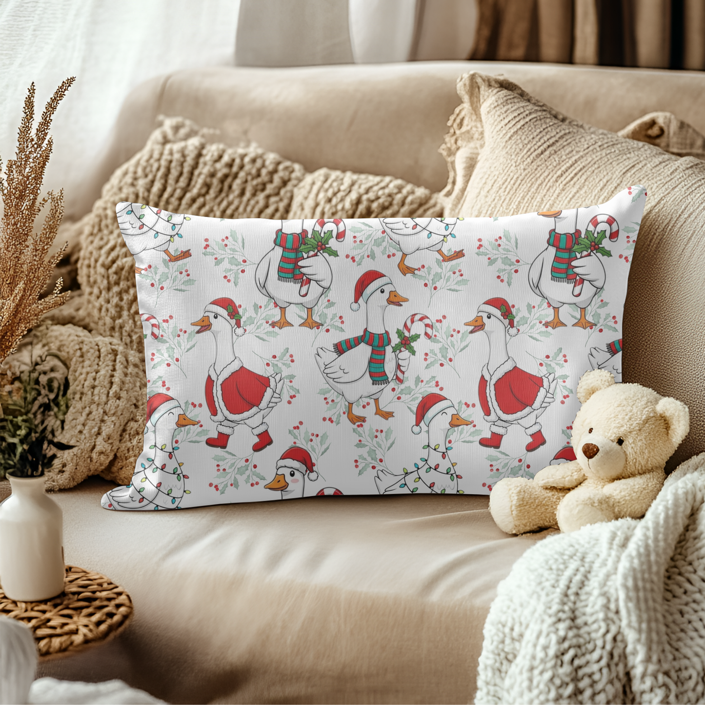 Festive Goose Holiday Lumbar Pillow – Farmhouse Christmas Accent Cushion