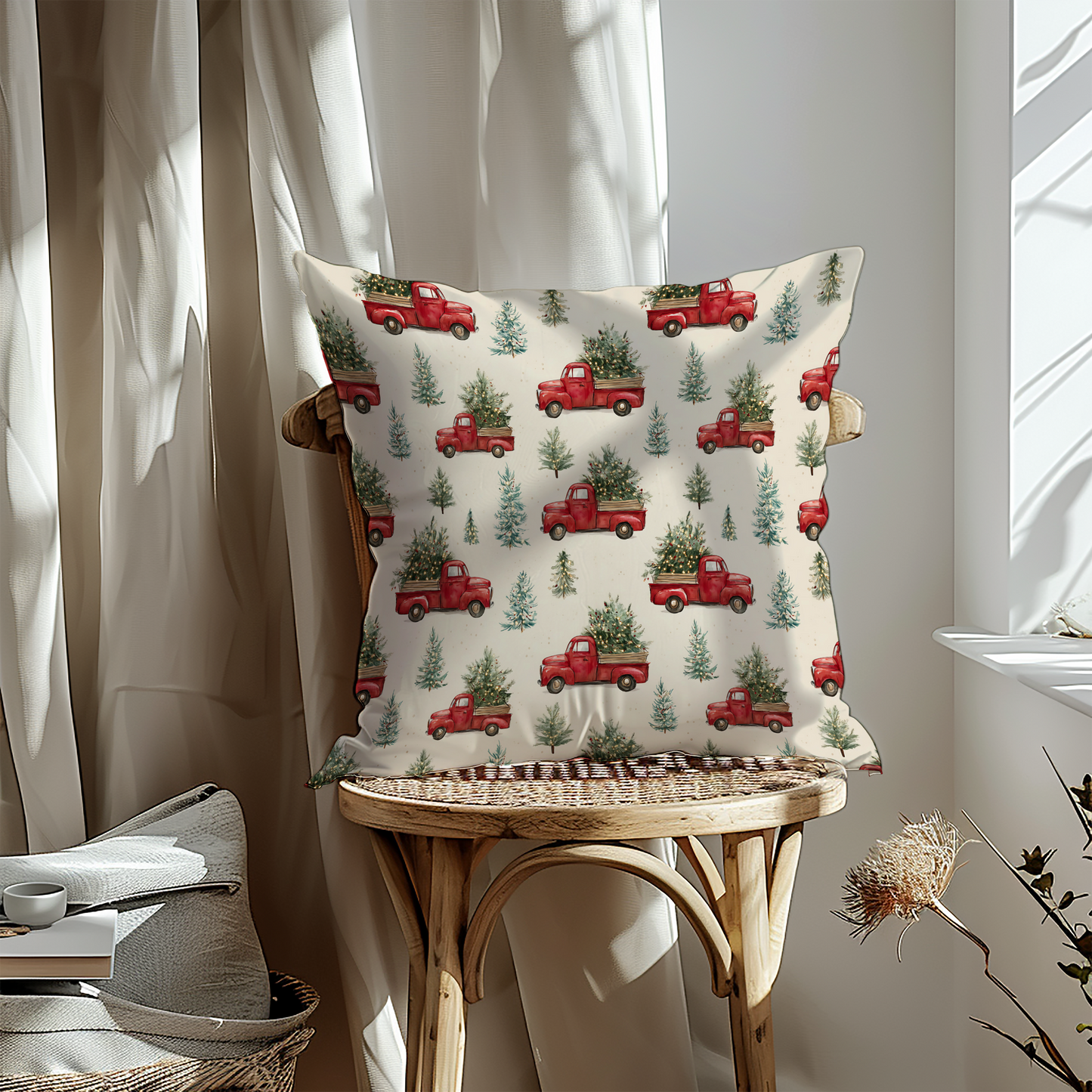 🎄 Festive Red Truck Christmas Throw Pillow 🎁