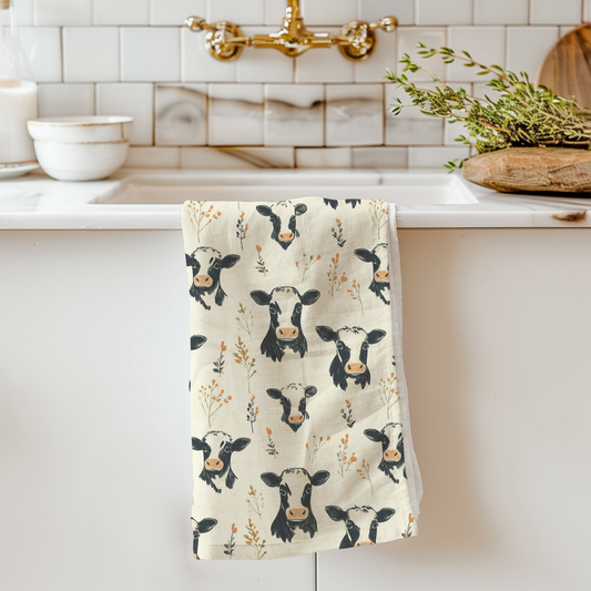 Farmhouse Cow Print Cotton Tea Towel | Rustic Country Kitchen Decor