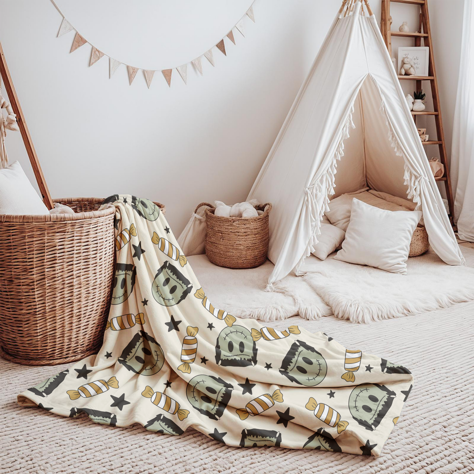 Children's playroom with a teepee, baskets, and a patterned blanket.