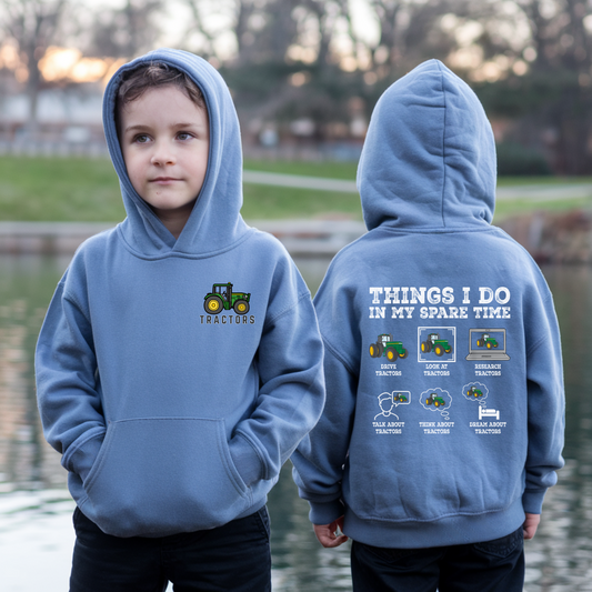 🚜 “Things I Do in My Spare Time” Kids Tractor Hoodie – Cozy & Fun Farmwear