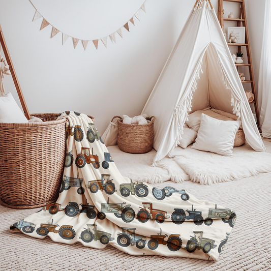 🚜 Tractor Dreams Velveteen Blanket – Cozy Farmhouse Comfort for Kids & Families