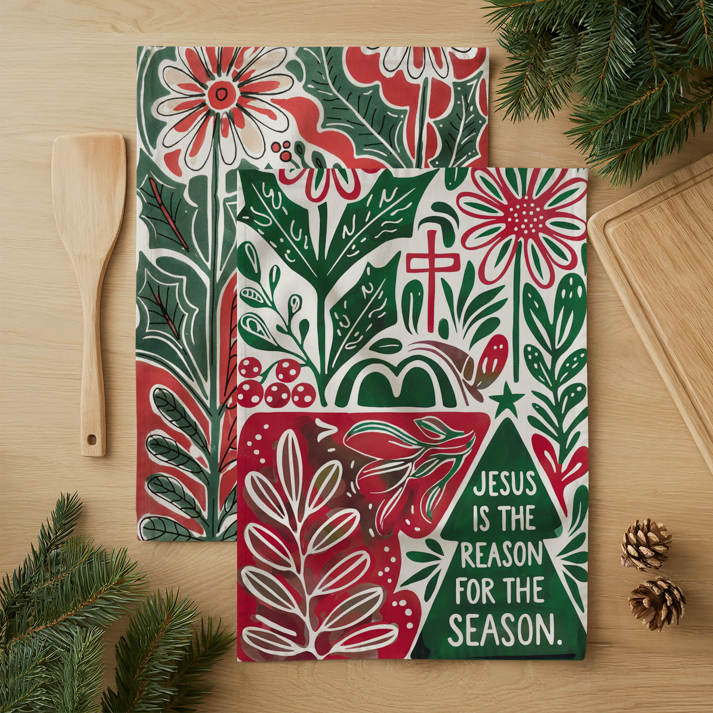 Festive Cotton Tea Towel – “Jesus is the Reason for the Season”
