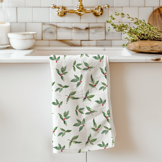 Holly Leaf Christmas Tea Towel | Merry Farmhouse Charm