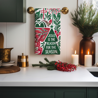 Festive Cotton Tea Towel – “Jesus is the Reason for the Season”