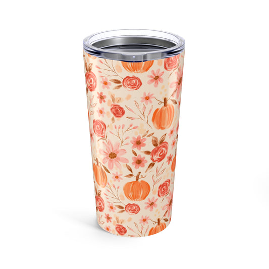 Fall Floral Tumbler 20oz | Pumpkin Decor Travel Mug | Autumn Drinkware Gift | Cute Floral Pattern | Thanksgiving, Halloween, Pumpkin Spice